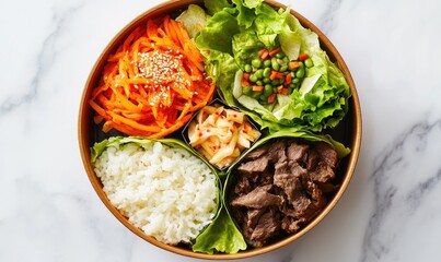 A colorful lunch box with ssambap wraps--small portions of lettuce, rice, beef
