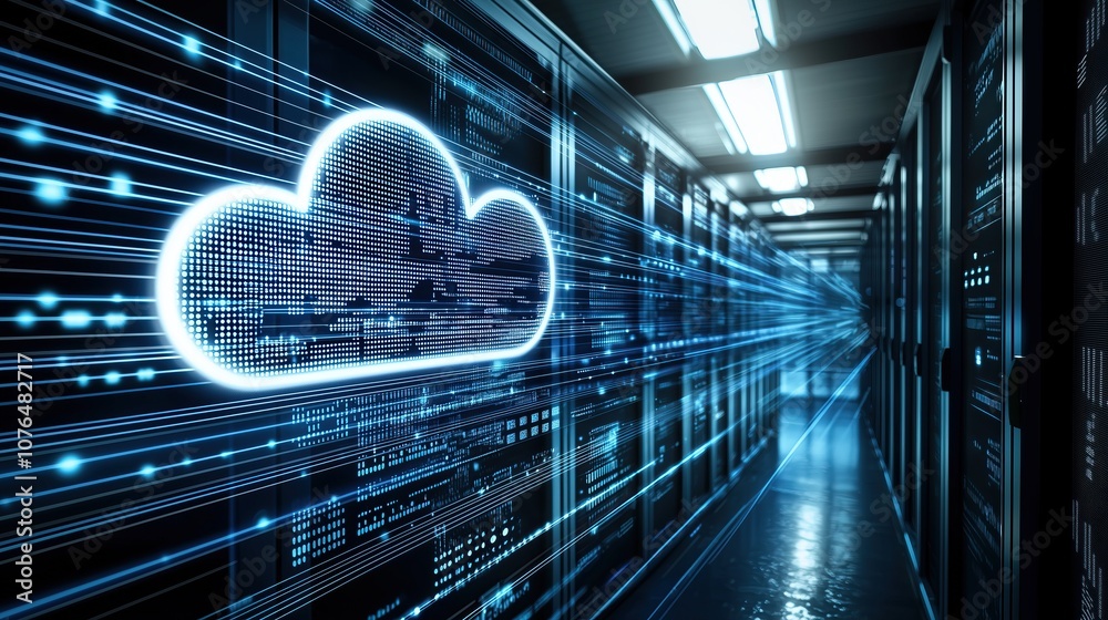 Leinwandbilder futuristic data center with glowing cloud symbol representing cloud computing technology
