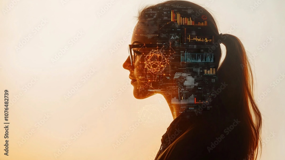 Poster businesswoman analyzing data with artificial intelligence and machine learning algorithms