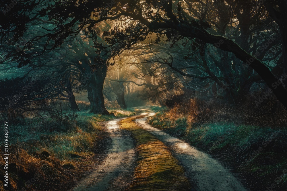 Poster A winding path through a dense forest  sunlight filtering through the canopy