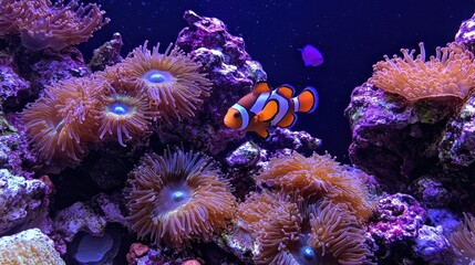 Obraz premium Orange and white clownfish nestled among flowing sea anemones, its bright colors shining against a vibrant coral backdrop