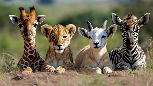 cute baby animals lay on grass ground together,  giraffe, lion, zebra, antilope, 