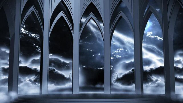 palace pillar window with dark thunderstorm sky, and lightning strikes, vj loop suitable for performance concert background 