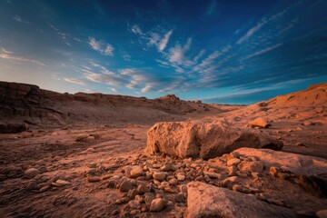 Obraz premium A large rock formation in a desert landscape under a blue sky.