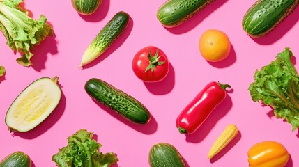 Pattern of fresh vegetables on a vibrant pink background, capturing a healthy, summer-inspired look