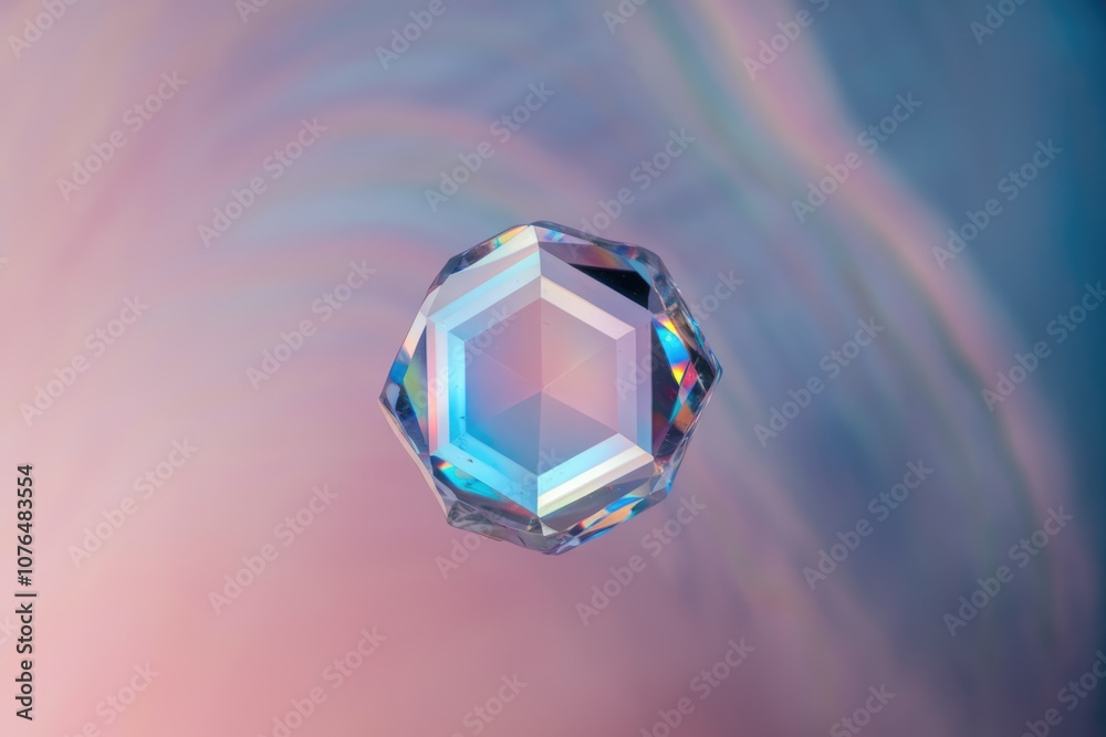 Aufkleber a clear hexagonal crystal reflects light in a rainbow pattern.