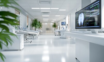 Modern hospital hallway with medical equipment and a monitor displaying lung scan.