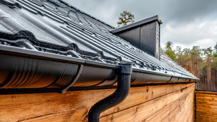 Fototapeta premium The roof of a private building is covered with a polymer storm drainage system with a gutter