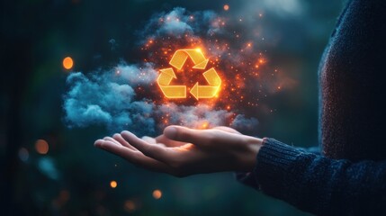 A hand holds a glowing recycling symbol amidst a cloudy background, symbolizing sustainability.