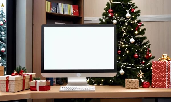 festive Merry Christmas Happy New Year 2025 greeting displayed computer screen modern office setting holiday cheer complemented tree video gift decorations 4k making scene perfect  
