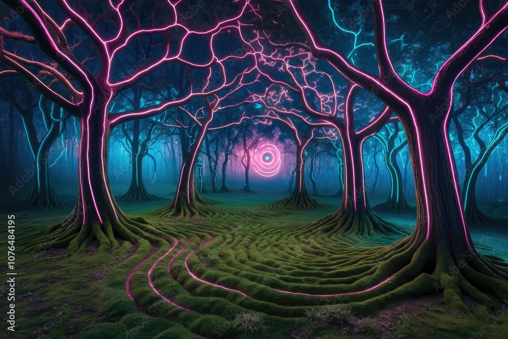 Poster a mystical forest at night with glowing trees and a swirling circle of light in the distance.