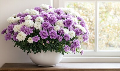 Beautiful arrangement of chrysanthemums in shades of purple and white, arranged on an antique table
