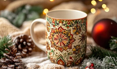 Christmas mug with earthy mandalas, floral patterns, and organic embroidery textures