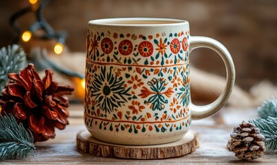 Christmas mug with earthy mandalas, floral patterns, and organic embroidery textures
