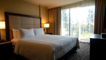 Modern hotel bedroom with a king-size bed, nightstands, lamps, and a view of the outdoors through sliding glass doors.