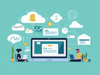 Digital meeting on laptop, remote work environment, virtual collaboration, flat design illustration