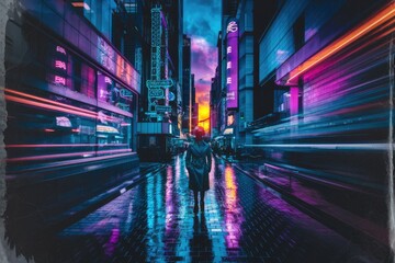 Obraz premium A lone figure stands in a neon lit city street surrounded by the blur of passing traffic.