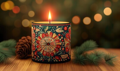 Christmas candle holder with intricate mandalas, earthy browns and greens, subtle floral engravings
