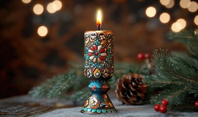 Christmas candle holder with intricate mandalas, earthy browns and greens, subtle floral engravings