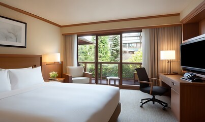 Modern hotel room with a king-size bed, a desk, and a balcony overlooking a garden.