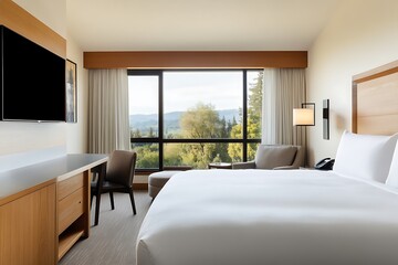 Fototapeta premium Modern hotel room with a king-size bed, a desk, a chair, a TV, a lamp, and a window with a view of a forest.