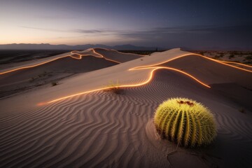 Glowing trail in desert with lone cactus.
