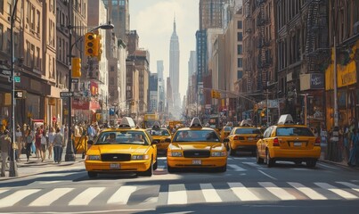 Fototapeta premium A busy city street with many yellow taxis and pedestrians