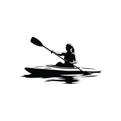A woman is paddling a kayak. She is wearing a ponytail. The kayak is in the water