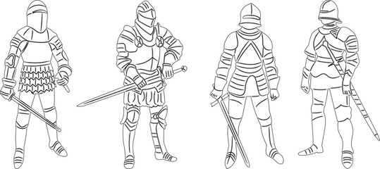 sketch knights with swords outline, vector