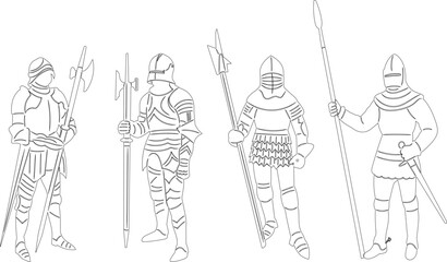 sketch knights with spears outline, vector