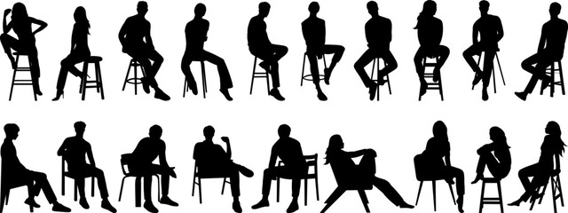 set of silhouettes people sitting on chairs