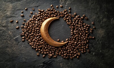 A pile of coffee beans is arranged in the shape of a crescent moon