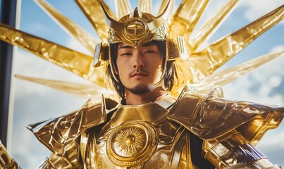 A man in a gold costume with a sun on his head