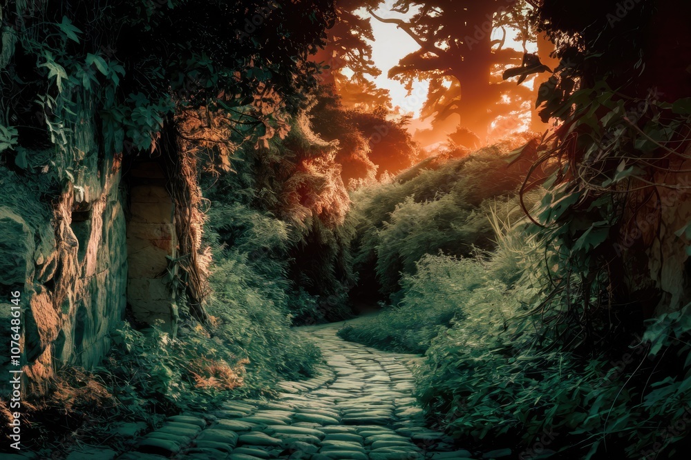 Poster a stone path winds through a lush green forest sunlight filtering through the canopy.