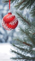 A decorative red ornament hangs from a snow-covered pine tree branch during a winter snowstorm
