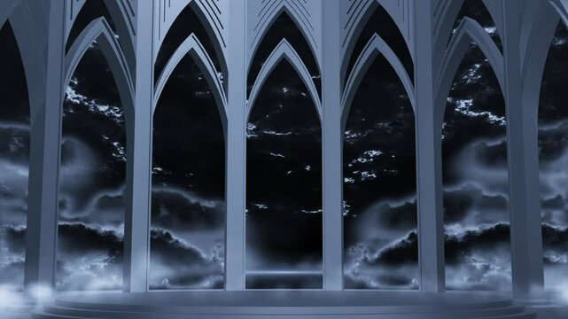palace pillar window with dark thunderstorm sky, vj loop suitable for performance concert background 