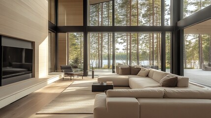 Obraz premium A modern living room with large windows looking out onto a lake and forest.
