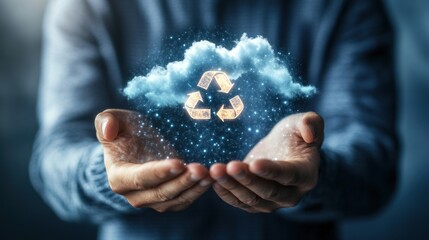 Hands holding a cloud with a recycling symbol, emphasizing sustainability and environmental care.