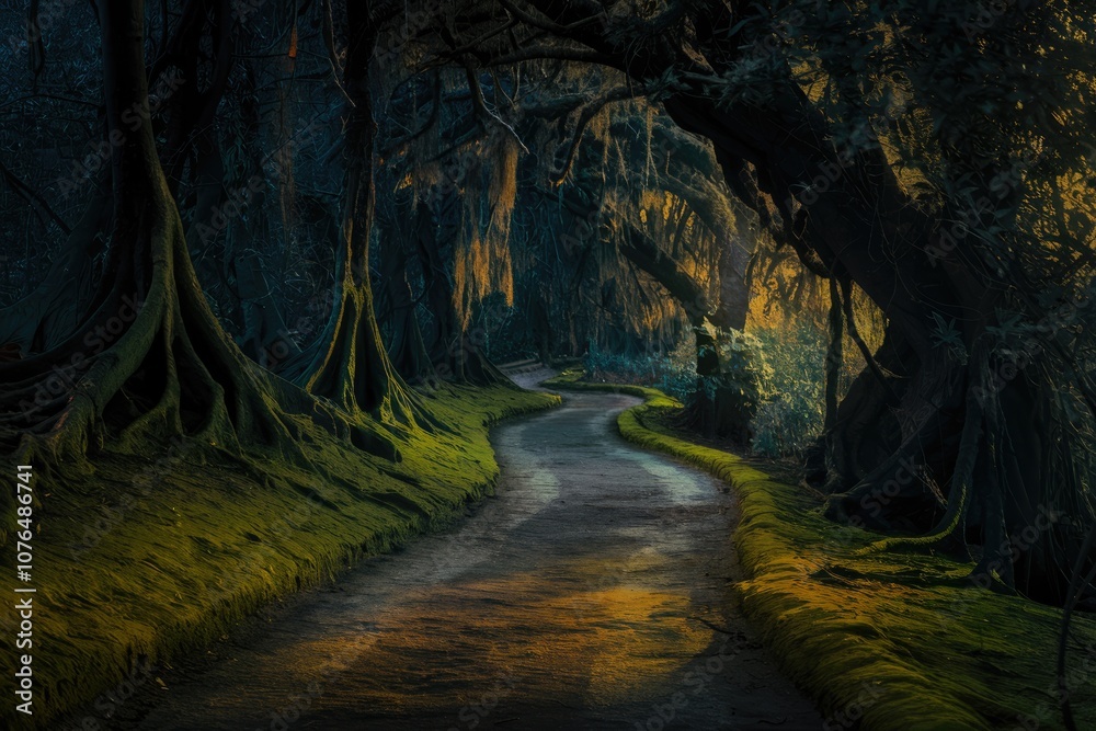 Poster A winding path through a lush  mossy forest  sunlight filtering through the canopy