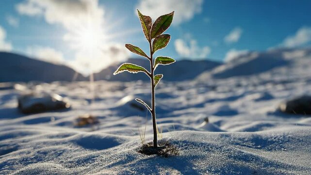 a small tree sprout growing on snow ground 