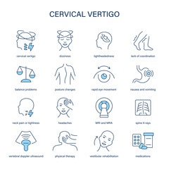 Cervical Vertigo symptoms, diagnostic and treatment vector icon set. Medical icons.