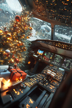 Decorated Christmas tree with gifts inside a cocpit of an airplane. Concept of Christmas celebration during flight, travel and holiday.