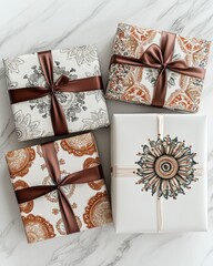 Four different colored boxes with bows on them