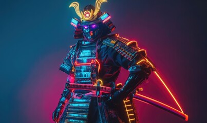 A man in a samurai costume with glowing lights on his helmet and sword