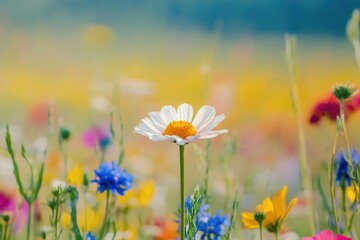 Fototapeta premium A colorful field of wildflowers with a blurred background, suitable for use in travel or nature-themed projects