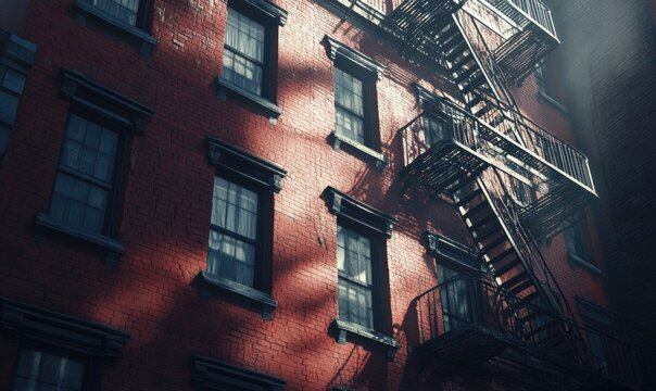 A red brick building with a fire escape