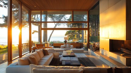 Fototapeta premium A modern living room with a large sectional sofa and a view of the ocean and sunset through large windows.