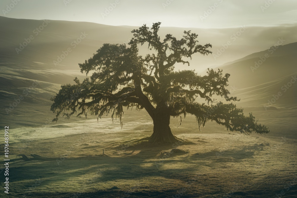 Poster a solitary tree stands tall in a misty field bathed in the soft glow of sunrise.
