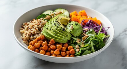 Vibrant vegan buddha bowl with avocado, quinoa, and roasted chickpeas