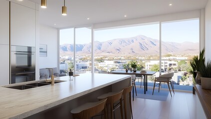 Modern kitchen with mountain views and balcony access.